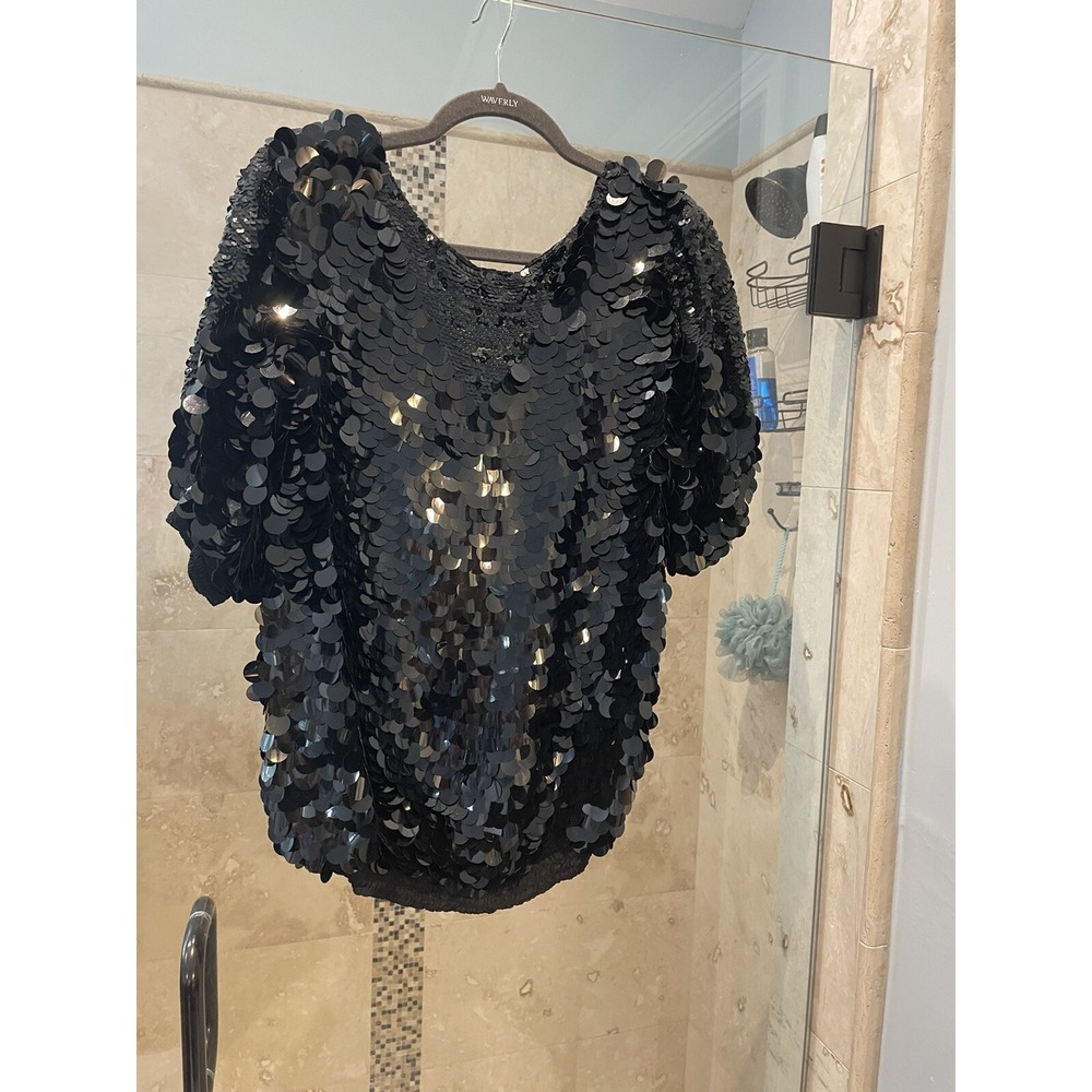 Vintage Oleg Cassini Sequin 100% Silk Top Black 1980s Disco Large